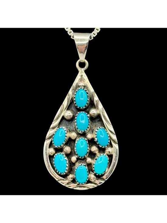 Native American Jewelry - Vintage Sterling Silver Turquoise Teardrop Pendant Sawtooth Bezel Signed NG